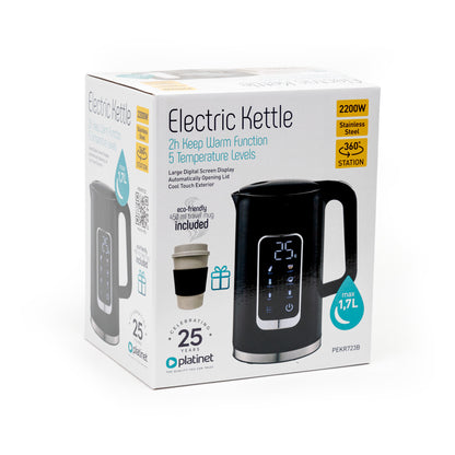 Platinet PEKR723B Waterkoker - Met Display - Warmhoud functie met Geheugen - 1.7L - Zwart - Gratis 450ml koffiebeker