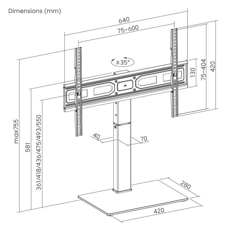 Universele Tafelmodel TV-standaard - Voor 37" tot 75" inch - Draaibaar & In Hoogte Verstelbaar - Zwart Glas - Gembird