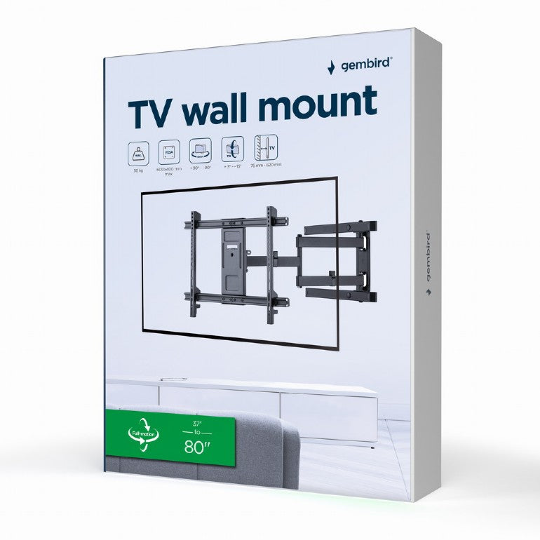 Gembird WM-80ST-05 TV Muurbeugel - Draai- en Kantelbaar  - Voor 37" - 80'' Inch - Tot 50 KG - Zwart