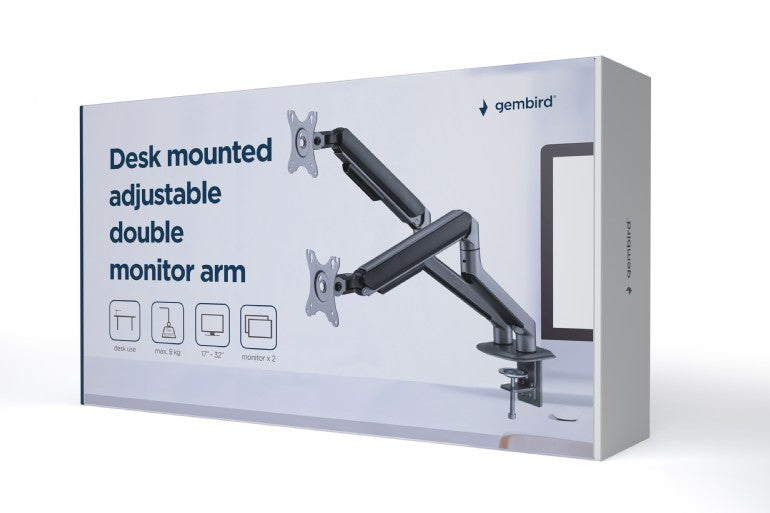 Gembird dubbele monitorarm met gasveer - Space grey