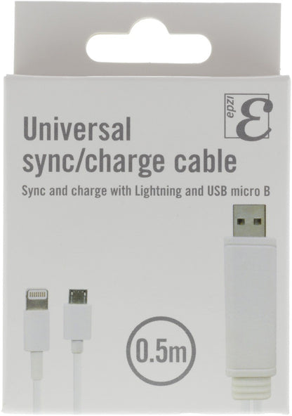 DELTACO EPZI IPLH-190, Universal Sync / Charge Cable, USB Type A to micro USB and 1x Lightning - White - 0.5m