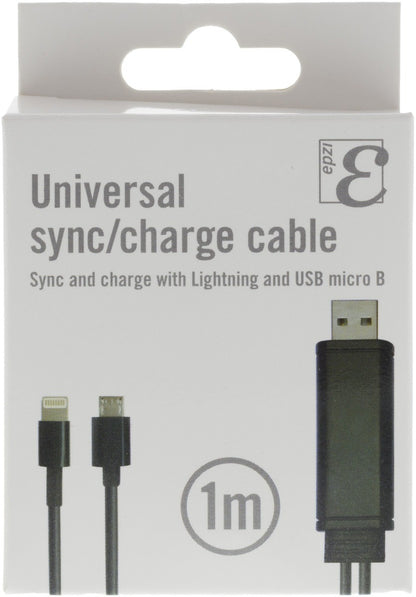DELTACO EPZI IPLH-191, Universele Synchroniseer / Oplaad- Kabel, USB Type A naar micro-USB en 1x Lightning - Zwart - 1m