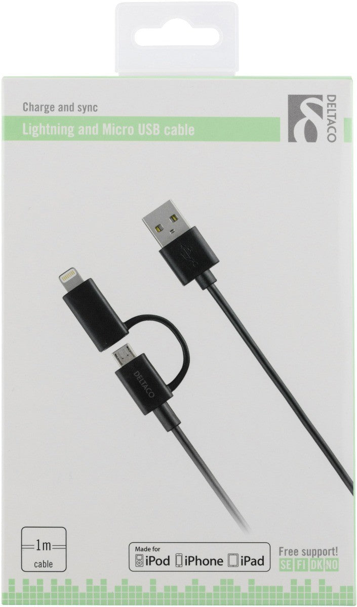 DELTACO IPLH-212 USB-A naar Lighting en Micro-USB kabel MFi - Geschikt voor Apple - 1 meter - Zwart
