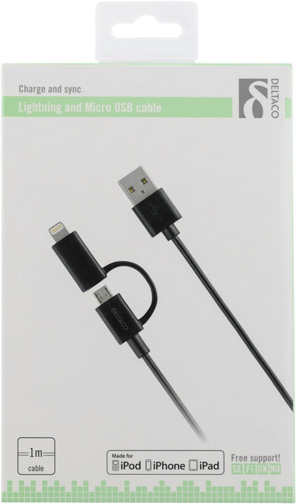 DELTACO IPLH-212 USB-A naar Lighting en Micro-USB kabel MFi - Geschikt voor Apple - 1 meter - Zwart