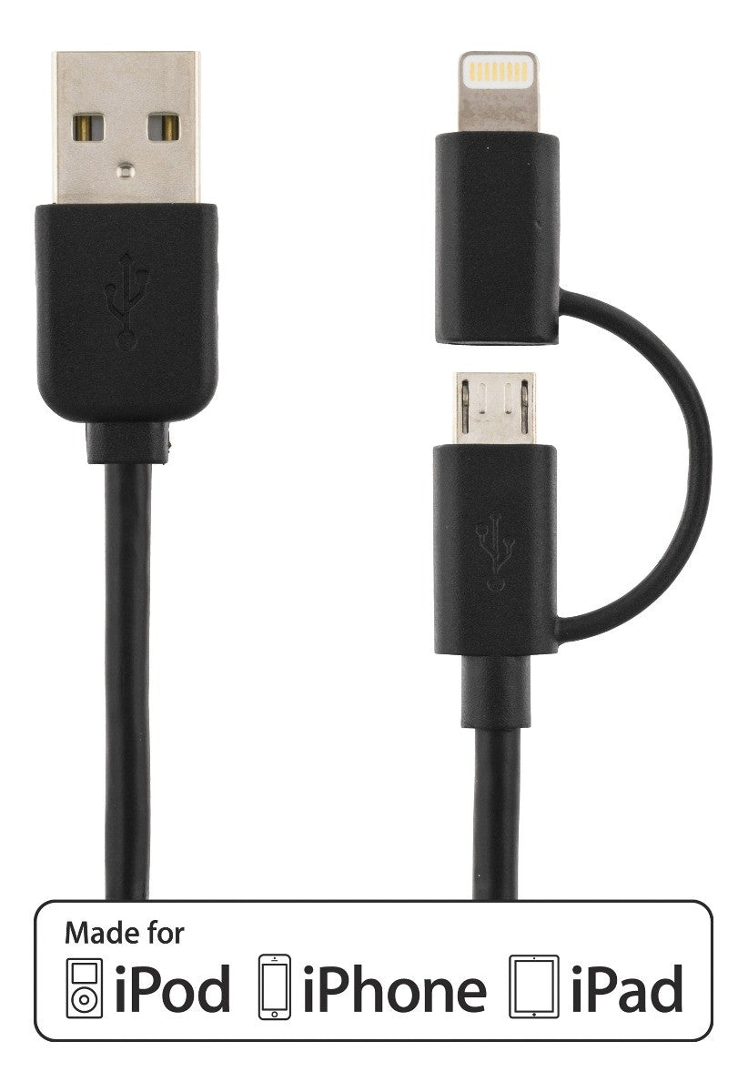 DELTACO IPLH-212 USB-A naar Lighting en Micro-USB kabel MFi - Geschikt voor Apple - 1 meter - Zwart