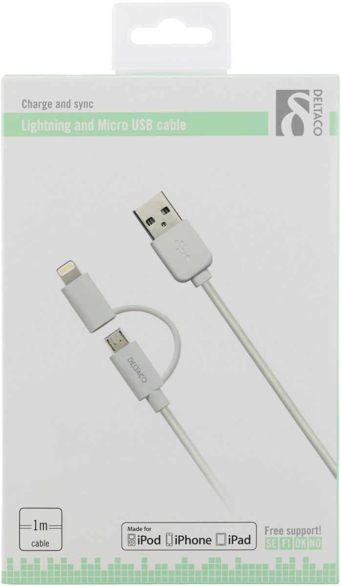DELTACO IPLH-213 USB-A to Lighting and Micro-USB cable MFi - Suitable for Apple - 1 meter - White