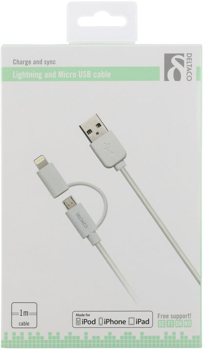 DELTACO IPLH-213 USB-A to Lighting and Micro-USB cable MFi - Suitable for Apple - 1 meter - White