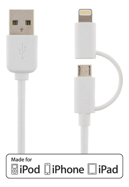 DELTACO IPLH-213 USB-A to Lighting and Micro-USB cable MFi - Suitable for Apple - 1 meter - White