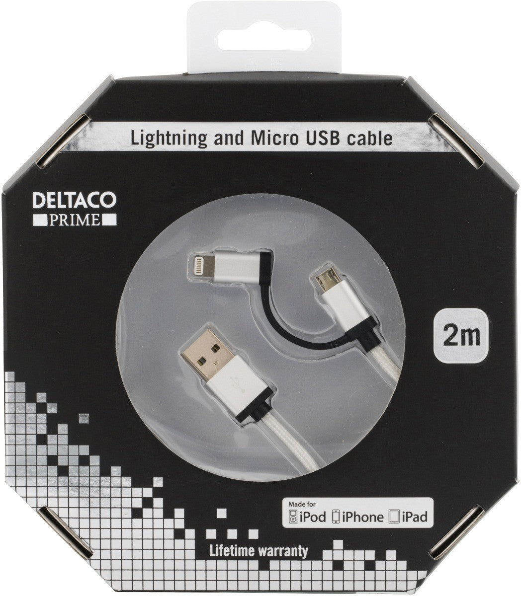 Deltaco IPLH-249 USB-Lightning Micro-USB combikabel MFI 2 m. Zilver