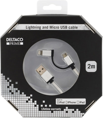 Deltaco IPLH-249 USB-Lightning Micro-USB combikabel MFI 2 m. Zilver