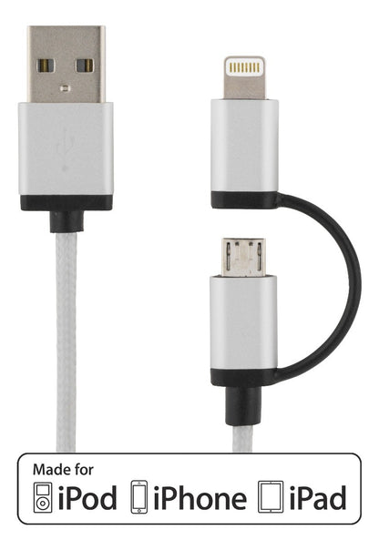 Deltaco IPLH-249 USB-Lightning Micro-USB combikabel MFI 2 m. Zilver