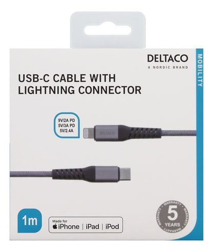 DELTACO IPLH-314M USB-C naar Apple Lightning kabel MFi - 1 meter - Spacegrey