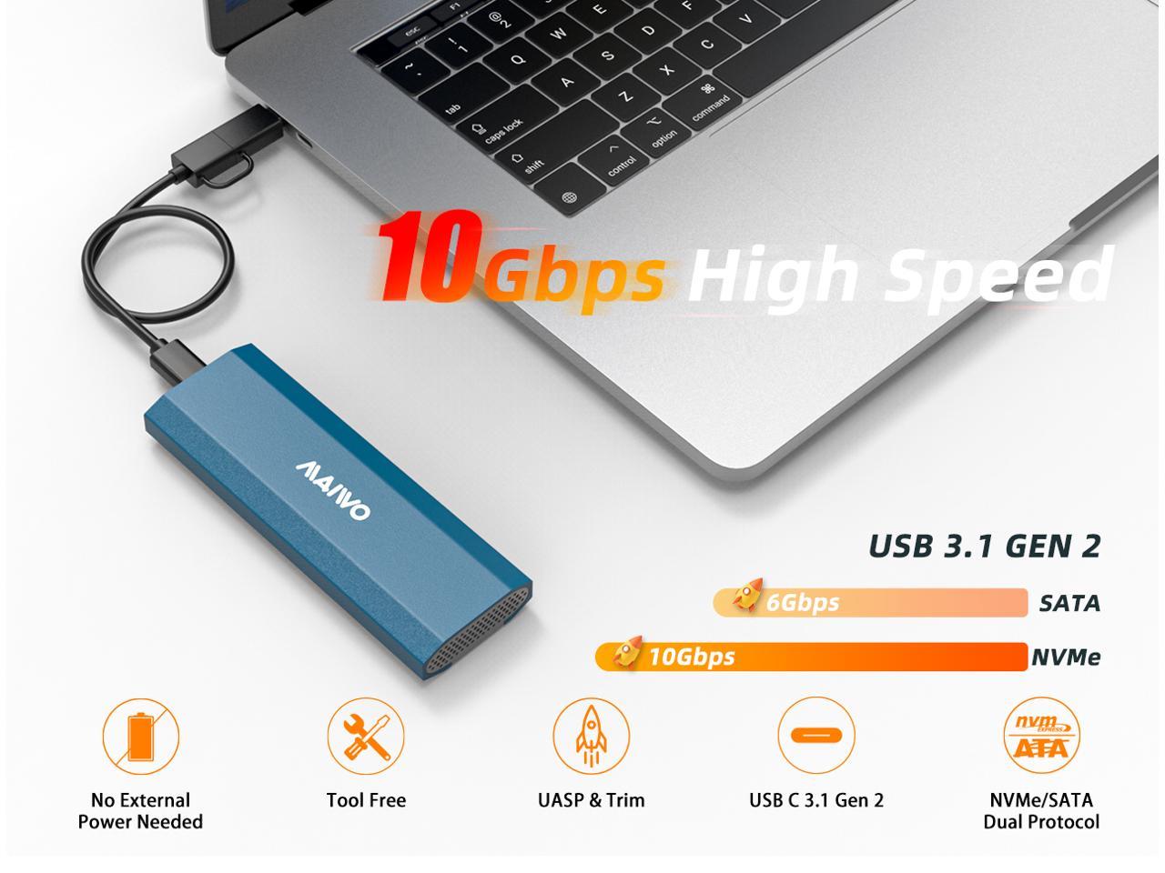 Maiwo K1690 M.2 SATA & NVMe SSD naar USB-C behuizing - USB3.2 Gen2 - 10Gbps - Blauw