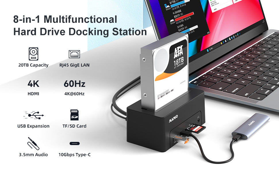 Maiwo K308P USB-C Dockingstation - 2,5"/3,5" - 2xSATA - HDD/SSD - HDMI2.0 - 4K60Hz - RJ45 - USB-A, USB-C - USB 3.1 Gen 2 - 10Gbps