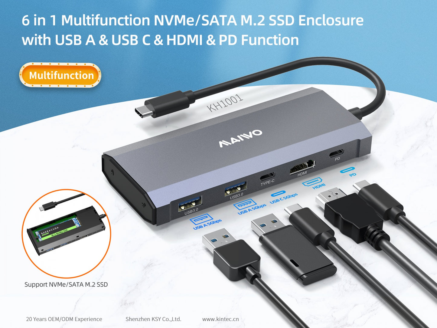 Maiwo KH1001 Docking station - 1x NVMe/SATA - 1x HDMI 4K60Hz - 1xUSB-C PD100W, 5Gbps - 2xUSB-A