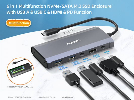 Maiwo KH1001 Docking station - 1x NVMe/SATA - 1x HDMI 4K60Hz - 1xUSB-C PD100W, 5Gbps - 2xUSB-A