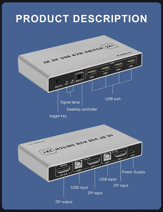 NÖRDIC KVM-101 KVM switch 2 in to 1 out - 2x PC to 1x DP 1.2 4K60Hz - 3x USB - Gray
