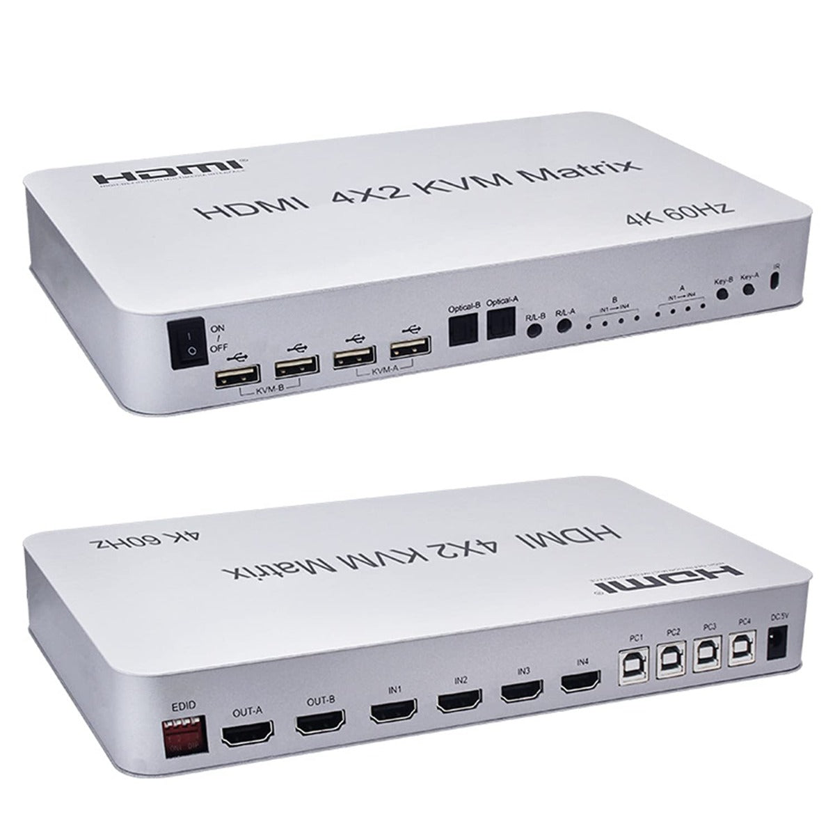 NÖRDIC KVM-107 Switch 4 naar 2 - 4xUSB, 2xHDMI, 3,5mm Jack, 2x Toslink - 4K 60Hz