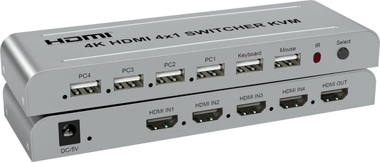NÖRDIC KVM-110 - KVM Switch - 4K 30Hz - HDMI - HDCP2.2 - 4x Input, 4x Output - Gray