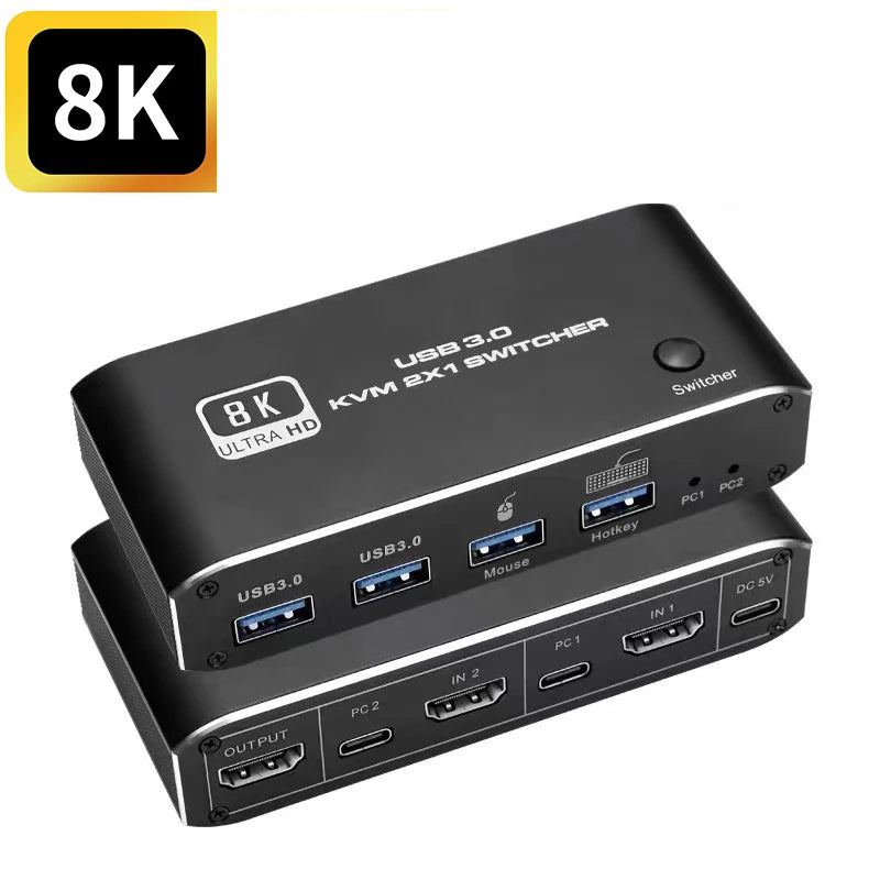NÖRDIC KVM-112 - 2 naar 1 KVM Switch - USB-C en HDMI 2.1 8K60Hz - HDCP2.3 - HDR10 - met 4XUSB-A uitgang - Zwart