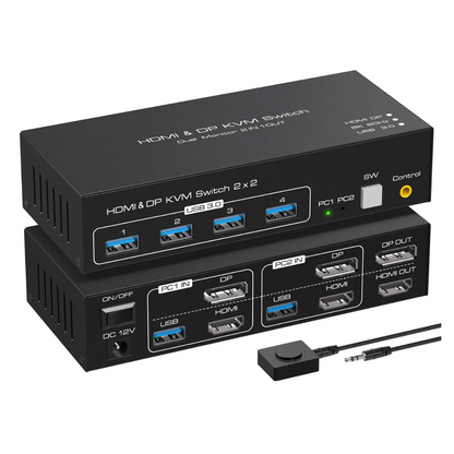 NÖRDIC KVM Switch - HDMI 2.1 - DisplayPort 1.4 - 8K60Hz/4K120Hz - 2 PC’s delen 4x USB-A 3.1 - 2 Externe Schermen