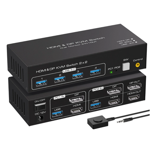 NÖRDIC KVM Switch - HDMI 2.1 - DisplayPort 1.4 - 8K60Hz/4K120Hz - 2 PCs sharing 4x USB-A 3.1 - 2 External Screens