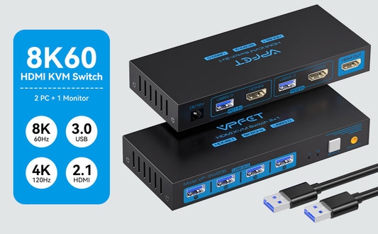 NÖRDIC KVM-154 KVM Switch - HDMI to USB - 8K60Hz 4K120Hz, 4xUSB 3.1 - HDCP2.3 - HDR10 - Black