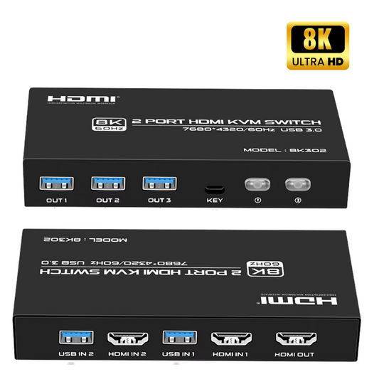 Delmark KVM Switch - HDMI 2 PC's naar 1 Monitor - 8K60Hz - HDMI 2.1 - 4x USB 3.0 Poorten - Inclusief HDMI en USB kabels