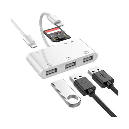 NÖRDIC LGN-105 Lightning to USB A adapter - 3xUSB A 3.1 - 1xTF/SD card reader - 10 cm - White