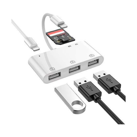 NÖRDIC LGN-105 Lightning naar USB A adapter - 3xUSB A 3.1 - 1xTF/SD-kaartlezer - 10 cm - Wit