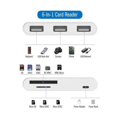 NÖRDIC LGN-105 Lightning to USB A adapter - 3xUSB A 3.1 - 1xTF/SD card reader - 10 cm - White