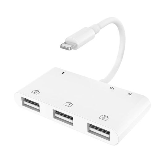 NÖRDIC LGN-105 Lightning naar USB A adapter - 3xUSB A 3.1 - 1xTF/SD-kaartlezer - 10 cm - Wit