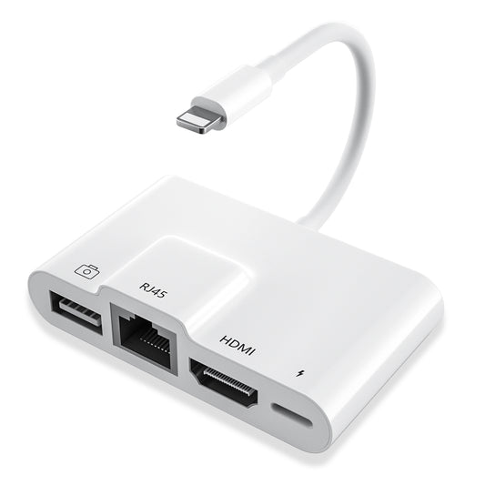 NÖRDIC LGN-108 Lightning naar HDMI adapter - 1x RJ45 - USB A 3.1 - 10 cm - Wit