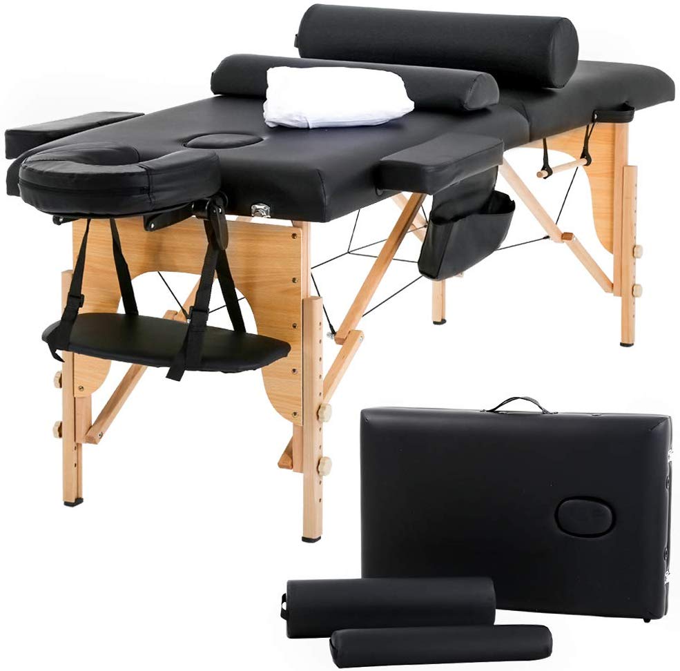 BestMassage MT-482-Black - Massagetafel - lengte 185cm - hoogte verstelbaar - 2-voudig inklapbaar, gezichtskussen, draagtas en draagbaar - zwart