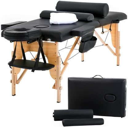 BestMassage MT-482-Black - Massagetafel - lengte 185cm - hoogte verstelbaar - 2-voudig inklapbaar, gezichtskussen, draagtas en draagbaar - zwart