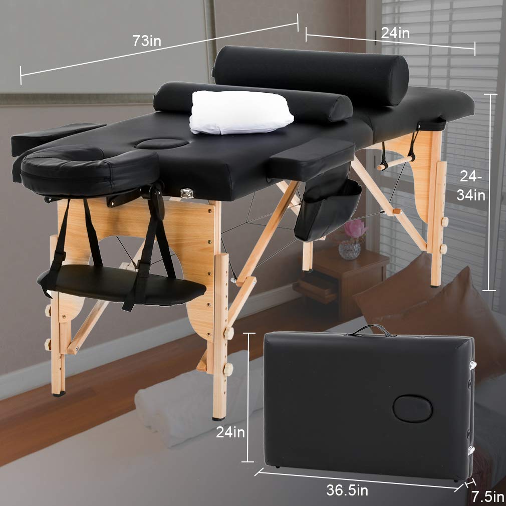 BestMassage MT-482-Black - Massagetafel - lengte 185cm - hoogte verstelbaar - 2-voudig inklapbaar, gezichtskussen, draagtas en draagbaar - zwart