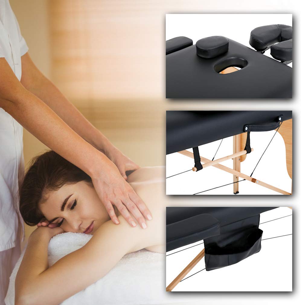 BestMassage MT-482-Black - Massagetafel - lengte 185cm - hoogte verstelbaar - 2-voudig inklapbaar, gezichtskussen, draagtas en draagbaar - zwart