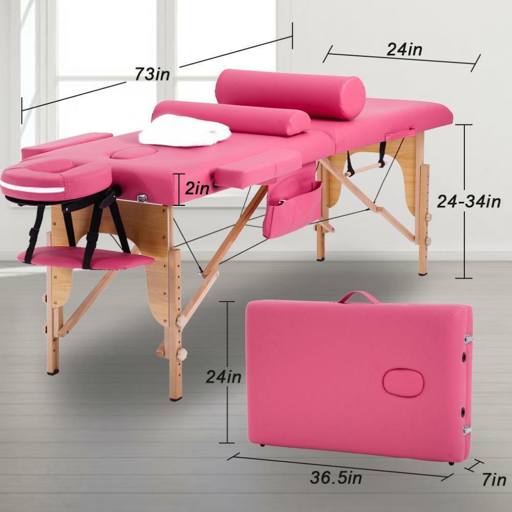 BestMassage MT-482-PINK - Massagetafel, lengte 73inch, hoogte verstelbaar, 2-voudig inklapbaar, gezichtskussen, draagtas en draagbaar - roze