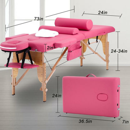 BestMassage MT-482-PINK - Massagetafel, lengte 73inch, hoogte verstelbaar, 2-voudig inklapbaar, gezichtskussen, draagtas en draagbaar - roze