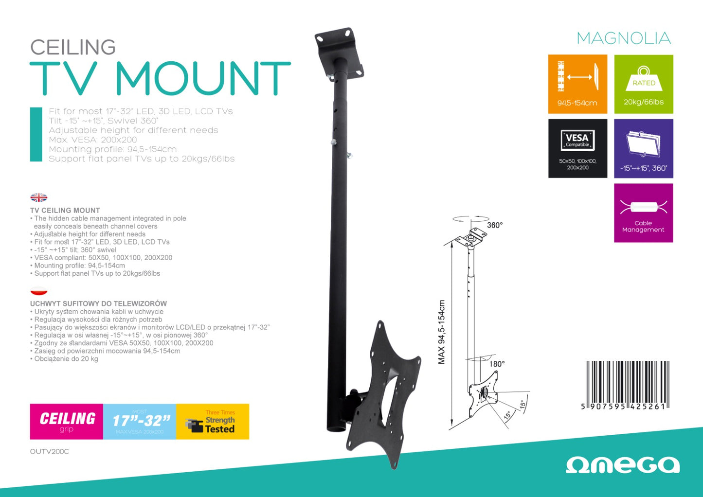 Omega OUTV200C TV ceiling mount - Max VESA 200 - 17''-32'' Inch - Swivel and tilt - Black