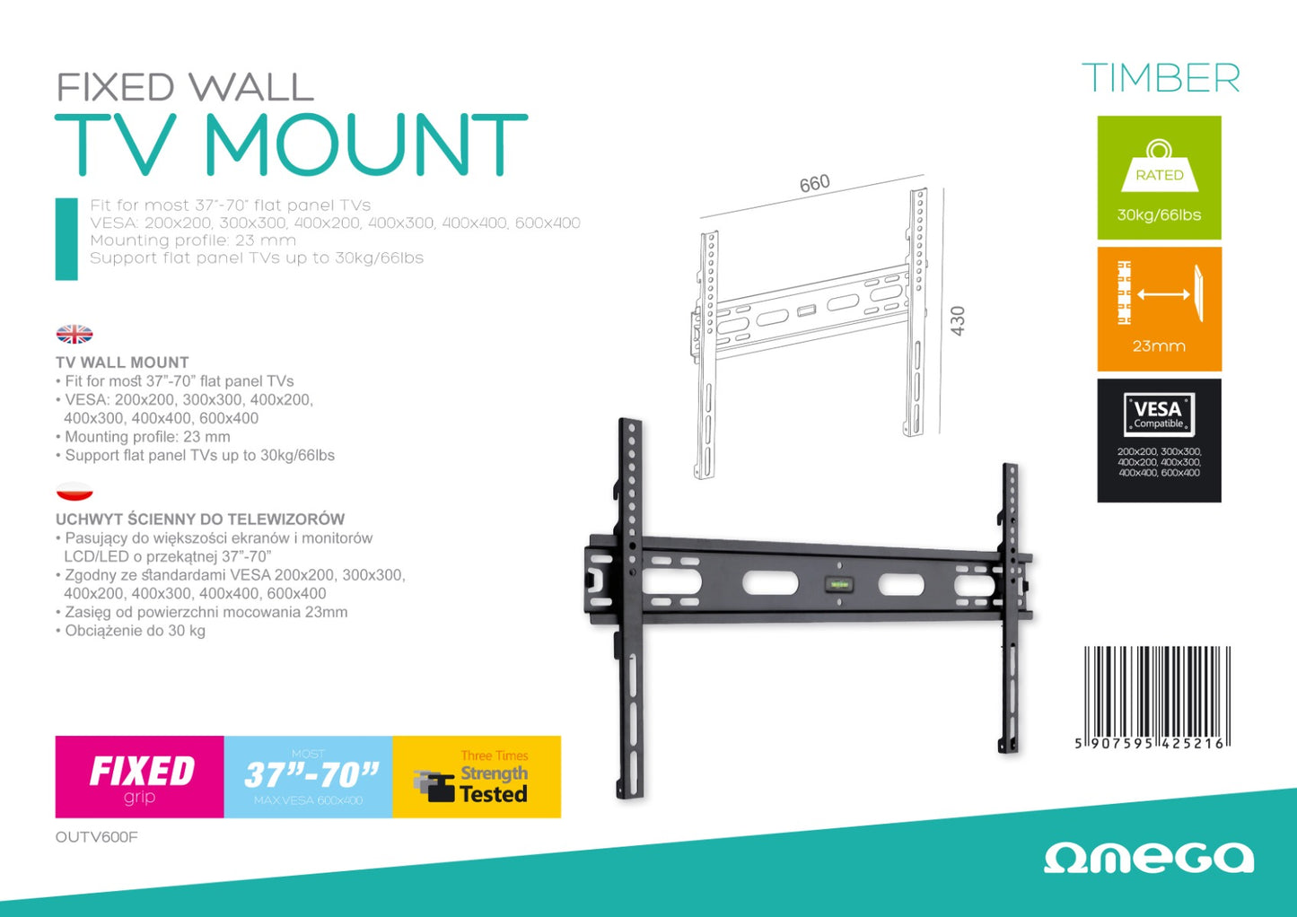 Omega OUTV600F TV-Beugel - Max Vesa 600 - Kantel- Draaibaar - 37"-70" Inch - Zwart