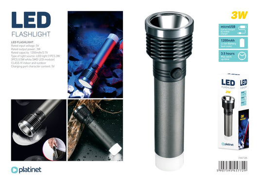 Platinet PAF06 - Lichtgewicht LED Aluminium Zaklamp - 3W - Waterbestendig - Twee Lampen - 3.5 uur Batterij - Grijs