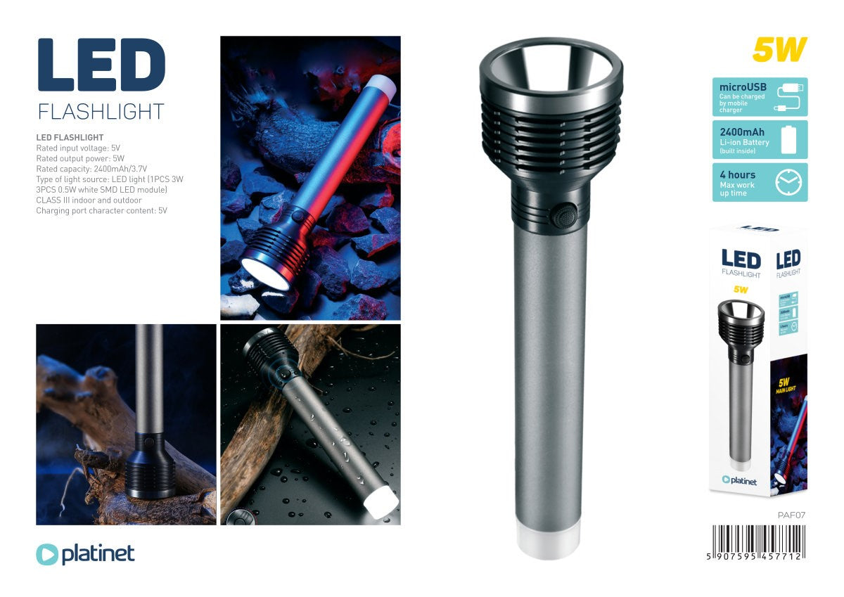 Platinet PAF07 - LED Aluminium Zaklamp - 5W - Waterbestendig - Twee Lampen - 4 uur Batterij - Grijs