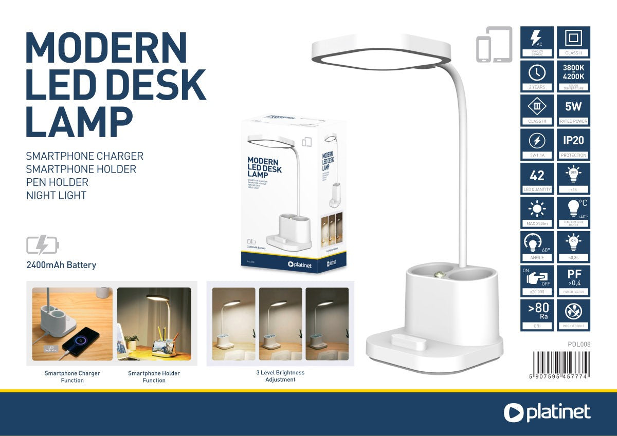 Platinet PDL008 - 4 in 1 Bureaulamp - Pennenhouder - Telefoonlader - Nachtlamp - Wit