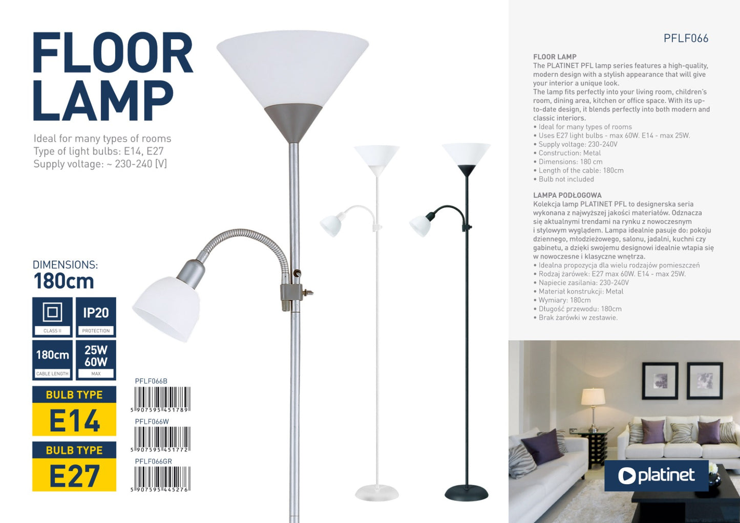 Platinet PFLF066B Moderne vloerlamp - E27 max 2x 60W Gloeilamp - E14 max 25W Leeslamp - Zwart