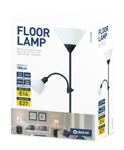 Platinet PFLF066B Moderne vloerlamp - E27 max 2x 60W Gloeilamp - E14 max 25W Leeslamp - Zwart