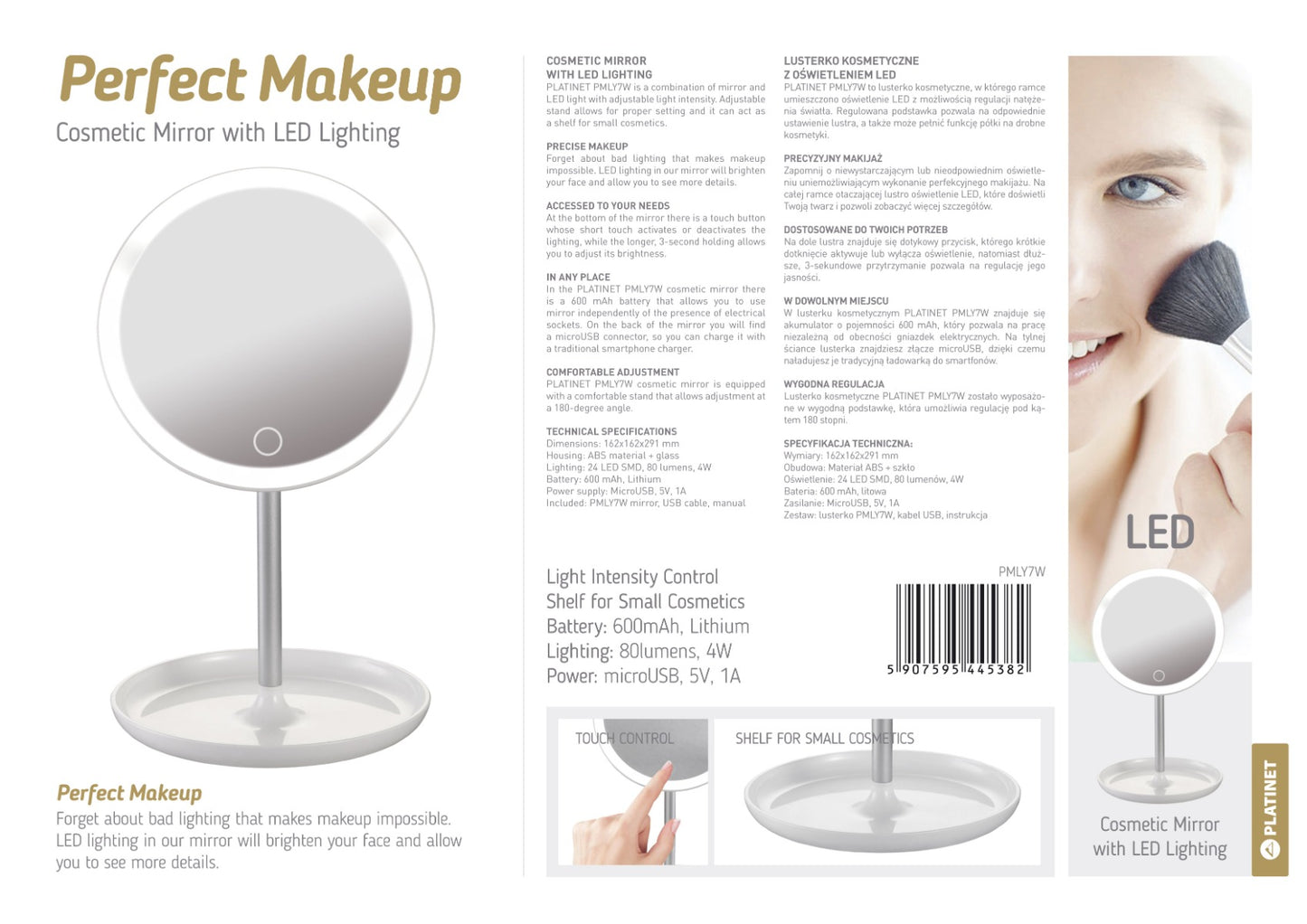 Platinet PMLY7W Cosmetic Mirror - With LED Lighting - Make Up - Round - Adjustable Stand