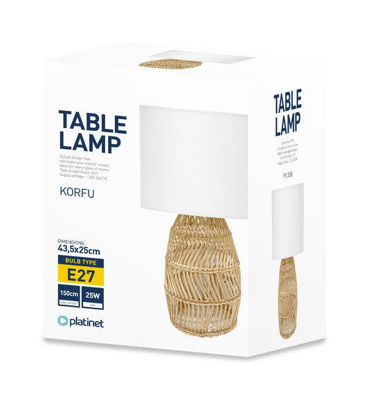 Platinet PTL1058 Tafel lamp - E27 maximaal 25W - Rotan voet - 1,5m kabel - Wit