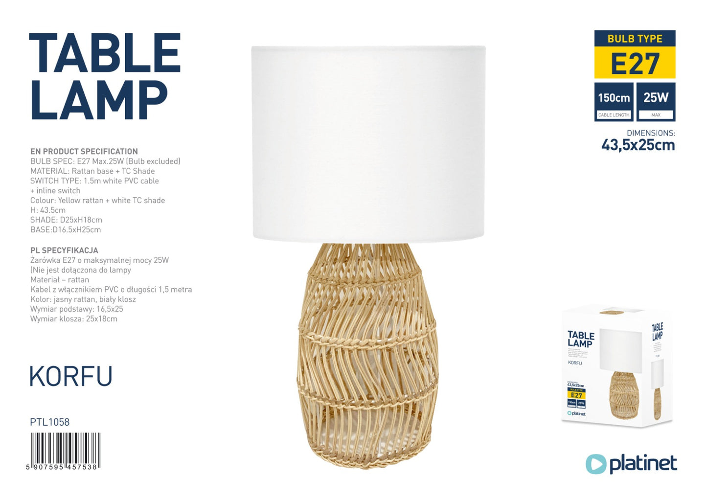 Platinet PTL1058 Tafel lamp - E27 maximaal 25W - Rotan voet - 1,5m kabel - Wit