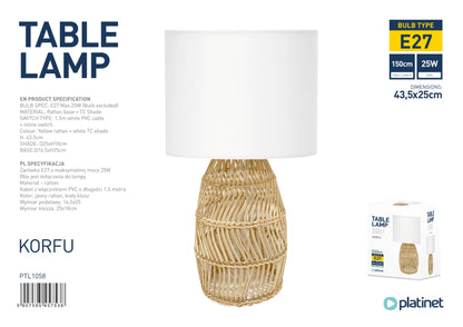 Platinet PTL1058 Tafel lamp - E27 maximaal 25W - Rotan voet - 1,5m kabel - Wit